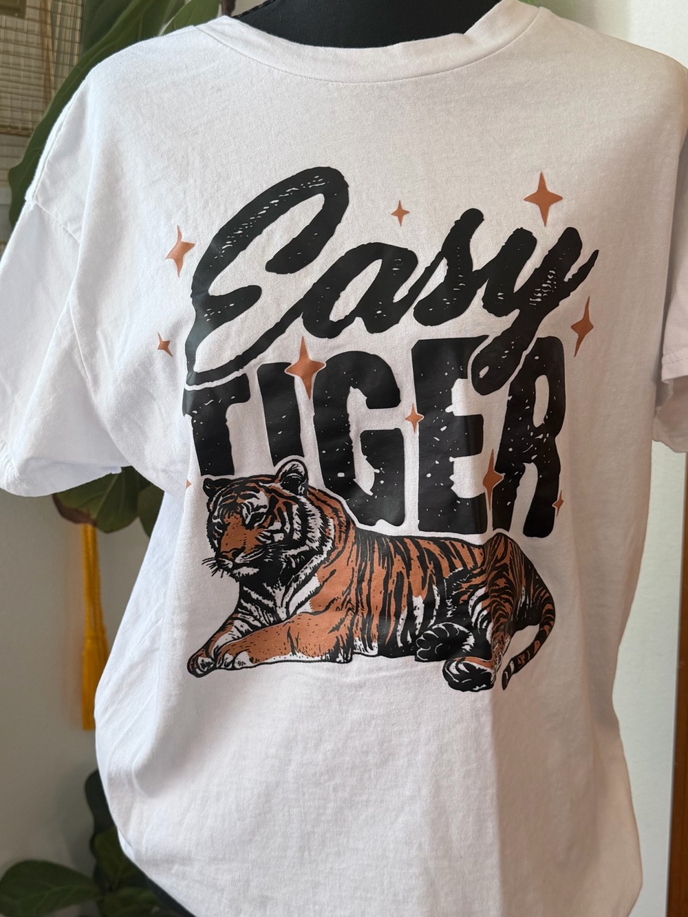 White 'Easy Tiger' Short Sleeve Graphic Tee with Black & Orange Print